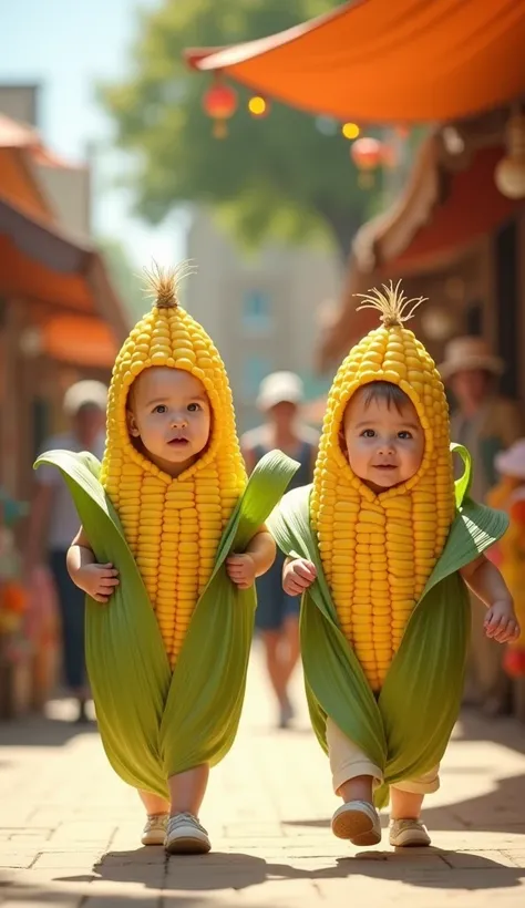 Here’s the updated prompt:

"Two adorable two-year-old white babies standing inside life-sized, realistic corn cob costumes, with their little faces, arms, and legs fully visible. Each baby is nestled within a bright yellow corn cob, with the kernels detai...