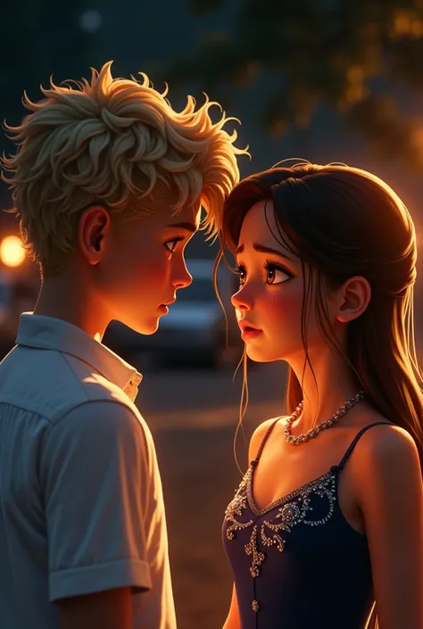  Create a realistic image that shows an emotional and dramatic scene between two young people . Both are outdoors, at night,  illuminated by a warm light of lanterns that highlight her expressions .

The boy,  with ruffled curly blonde hair and a white shi...