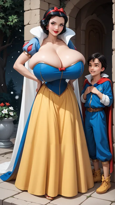 (Disney Princess Snow White has trapped a boy inside of her dress:1.3), Snow White has short black hair with a red ribbon overtop, she has almond-shaped hazel eyes, full red lips, and a seductive smile. She is wearing a gown with a dark blue bodice and a y...