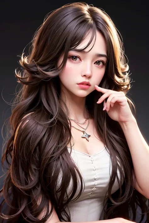  light brown hair 、 semi-long hair、Fluffy perm、Brown eyebrows、 1 girl、 black background、 full body lesbian 、  surprised face、I was shocked and opened my mouth、(8k、 RAW photo、 top quality、masterpiece:1.2)、( realistic 、 photorealistic :1.37)、Star Necklace、I&...