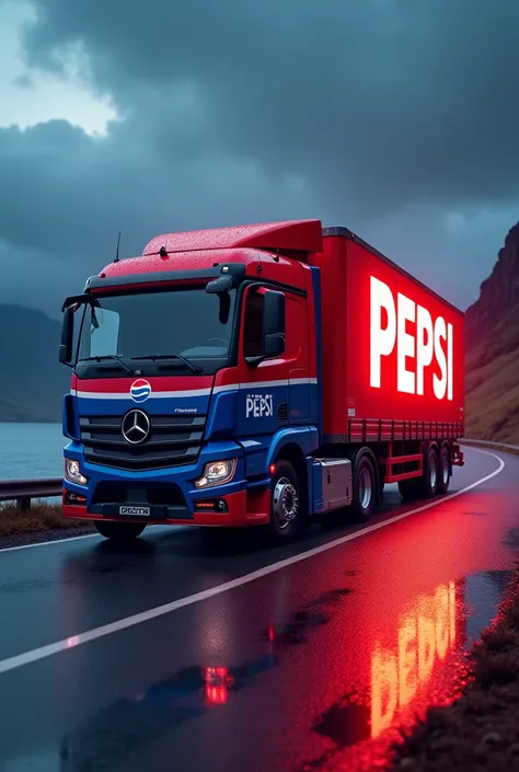 create a cinematic and Glow Poster. A Pepsi Cola Trucks Movie on the Road and Bottle of Pepsi Cola were place on Truck Ranks. Also Truck fully paint with Pepsi brandings