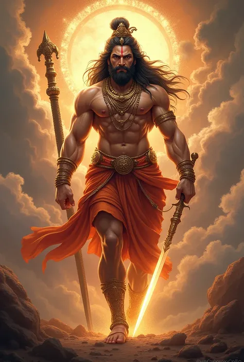 Powerful bajrangbali image with a face like bajrangbali with weapons 
