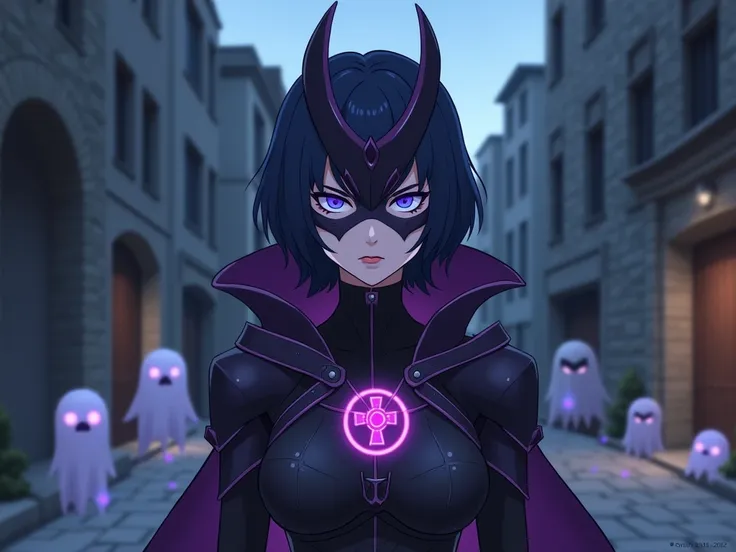 anime,  beautiful woman , Slim body, dark blue short hair ,  bright blue eyes , serious face,  dark shadow around her eyes , black makeup with purple , villains light armor ,  dark purple hooded cape, high heel boots type light armor color black with dark ...