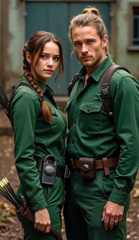 CRU, photograph, photo of people , photograph de livro, katness everdeen,  The Hunger Games book , woman, Young, beautiful,  brown-eyed hunter , Use bow and arrow, green jumpsuit,  brown hair in a side braid, marido e woman Peeta melark,  blond man,  clear...