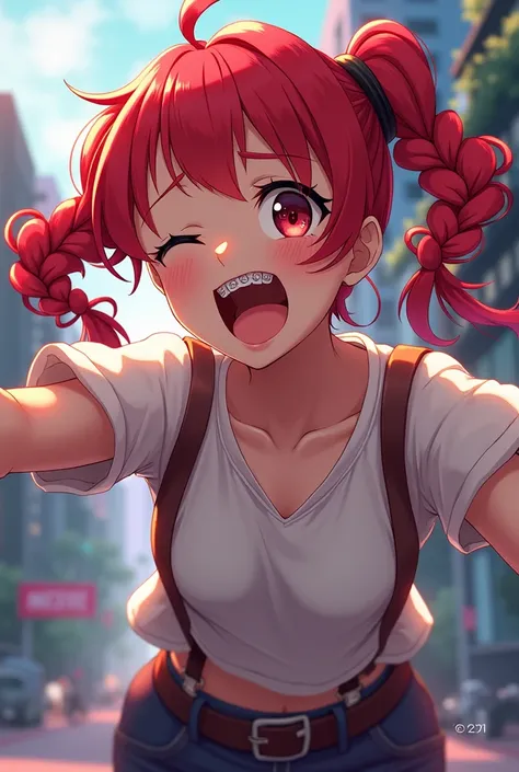 Anime woman with red braids in her hair and short bangs who have braces on her teeth and is laughing that she has a black eyeliner on her eyes that she is in a TikTok battle