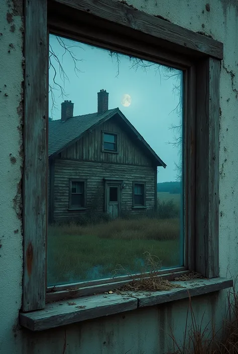 a reflection in the window of an abandoned house