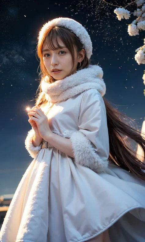 (    When she casts a spell , A legendary ice bird appears around the sky、 Magic Rim 、staring at something、diamond dust flutters、クリーム色のhair、   Heavy snowfall area      、   Snow is falling   、    blue eyes、    blue eyes、white winter clothes    、  gazing up ...