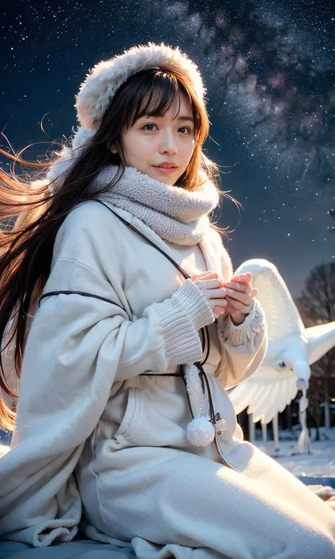 (    When she casts a spell , A legendary ice bird appears around the sky、 Magic Rim 、staring at something、diamond dust flutters、クリーム色のhair、   Heavy snowfall area      、   Snow is falling   、    blue eyes、    blue eyes、white winter clothes    、  gazing up ...