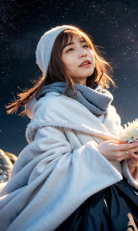 (    When she casts a spell , A legendary ice bird appears around the sky、 Magic Rim 、staring at something、diamond dust flutters、クリーム色のhair、   Heavy snowfall area      、   Snow is falling   、    blue eyes、    blue eyes、white winter clothes    、  gazing up ...