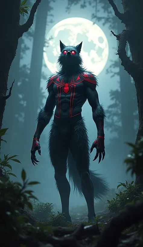 "Visualize Spider-Man merged with a wolf. His suit features fur-like textures in shades of gray and red, and his mask has wolf-like ears. His claws are extended, and he stands howling under a full moon in a dense forest."

