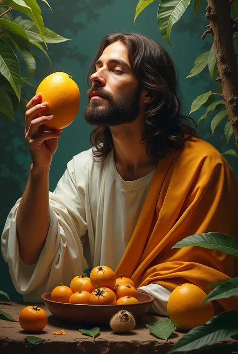 Jesus Christ is eating a sick fruit, a little beast ripe on a big mango