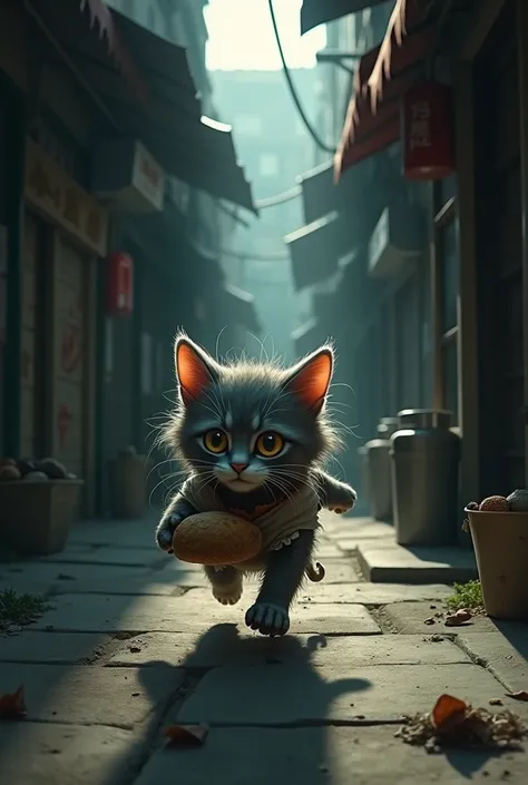  In a dark alley behind a busy market , A small one,  The disheveled kitten named Piter ran through the shadows ,  clutching bread in her tiny paws . Her fur ,  once gray ,  now it was tangled and gray ,  and the shirt she was wearing — an ironed garment f...