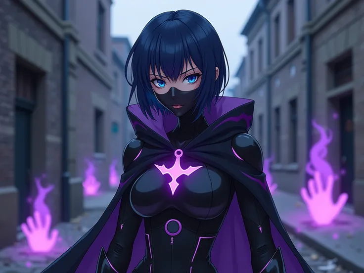 anime,  beautiful woman , Slim body, dark blue short hair ,  bright blue eyes , serious face,  dark shadow around her eyes , black makeup with purple , villains light armor ,  dark purple hooded cape, high heel boots type light armor color black with dark ...