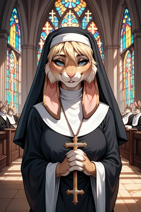  furry rabbit at church, With a gentle face and calm ,  blonde hair , nun, 