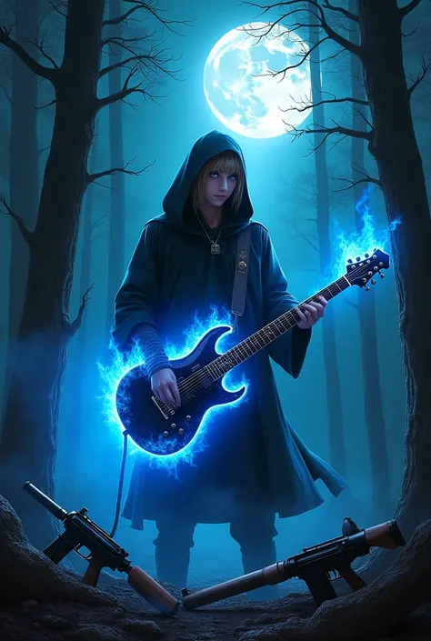 I want you to generate an image of a guitarist with blue eyes and light brown hair, with hood,  with his guitar on fire in the forest at night and on the full moon, with guns lying around and leaning against trees and bazookas ...  a sinister emotional hor...