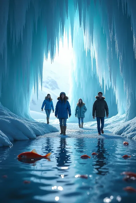  3 beautiful young women , and 2 handsome young men ,  cave full of crystal ice , Lake.  Plenty of fish and filled with crystal ice ,  wearing thick blue winter jacket,