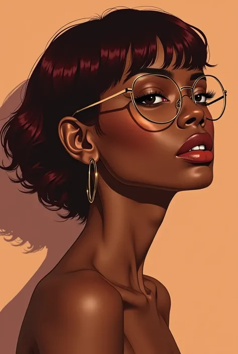 a black woman with shot burgundy hair nude 22 years old girl, detailed face, lips, hoop earrings showing pussy complete body barefoot Style Beauty，author：conrad roset, gold rim glasses, Lack of metal，Surreal minimalist shadows，Flat illustration, Luo Erchun