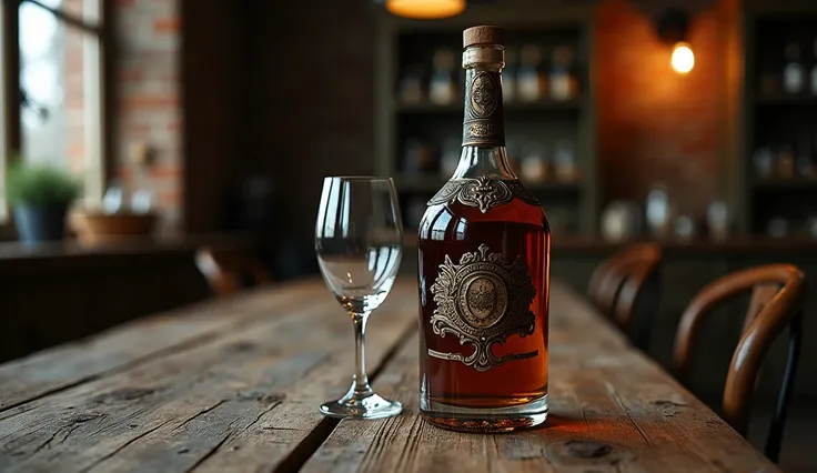 Close-up of an antique wine bottle on a rustic table and a glass 