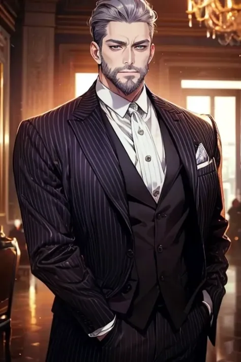 （Exquisite face，highest quality），male，solo，middle aged，uncle，40 years old，robust，super short hair，gangster，Gray purple and black striped suit，Nobility，（Beard scum：A small amount），Very impressive