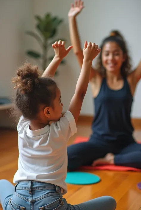  I want an image showing more real boys and girls , Latinos from Test Morena y Blanca , 8 to  ,  playing a mimic game in a room with psychology materials and games.   And another image of more real Latin boys and girls from test Morena y Blanca doing yoga ...