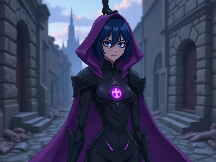 anime,  beautiful woman , Slim body, dark blue short hair ,  bright blue eyes , serious face,  dark shadow around her eyes , black makeup with purple , villains light armor ,  dark purple hooded cape, high heel boots type light armor color black with dark ...