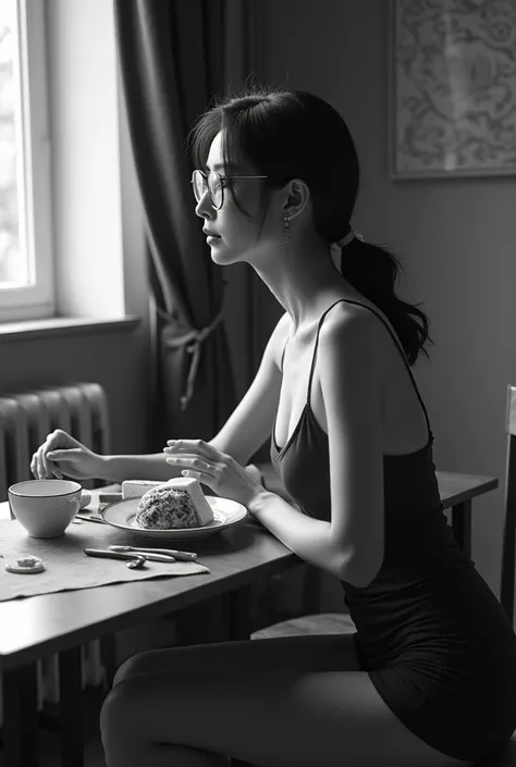 Black and white photography:1.331,  perfect drape configuration , Proper placement, Golden Ratio, ( masterpieces during breakfast,  top quality:1.331),  beautiful Japanese woman from below her feet, mature adult woman in a tight mini dress, abstract grange...