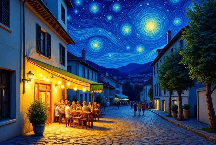 "A hyper-detailed, ultra-high-quality 16k digital rendering inspired by Vincent van Goghs Café Terrace at Night. The artwork depicts a warmly lit café terrace under a deep blue, starry night sky. The café glows with vibrant yellow and orange light, contras...