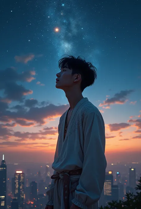  Beautiful young man with short hair and straight hair brushed upwards , bohemian dress,  looking lost on a skyline full of stars in a night sky, While down below just following the routine of the city .