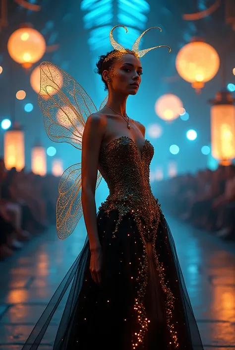 "An ethereal humanoid woman with a firefly’s head, her luminous antennae and glowing accents seamlessly integrated into a couture gown with a dark, starry design and golden highlights. She poses confidently on a runway surrounded by neon lights shaped like...