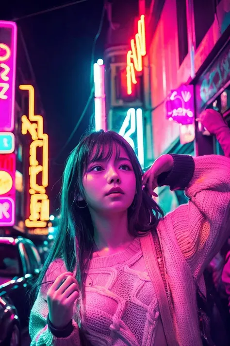  psychedelic dance nightclub 、 face up、 woman doggy-eating large amount of spaghetti、 knitted sweater、 woman illuminated by psychedelic neon lights、 woman seems to throw up 、pink sweat、Humid 、Oily Texture 、No bangs、Pink Neon、Things are messy 、Fat guys figh...