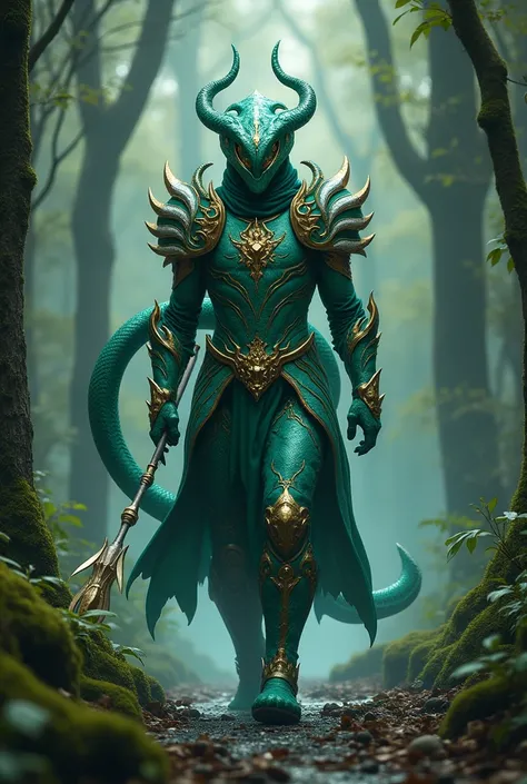 **((CREATE AN IMAGE OF A CHARACTER WALKING IN A DARK FOREST )) - **Primary colors:**  emerald green and turquoise ,  representing forests and rivers .  
- **Complementary Details :**  Gold and silver in fluid patterns that refer to snake scales and glitter...