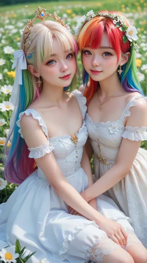  two Korean girls sitting in a field of flowers,  looking at the camera with a seductive look,  long rainbow-colored hair, very pretty,  extremely small breasts,  very small and thin body, slightly marked bones , Small angelic face, She is very thin and sm...