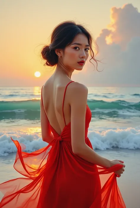 Masterpiece,Set in a tranquil seaside environment during twilight, the painting depicts the Thai woman with her body slightly turned to reveal a serene expression on her face as she gazes over her shoulder toward the horizon. The warm tones of her skin bea...