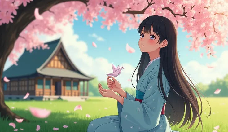 "A  girl with long, flowing black hair, wearing a simple light blue kimono with small cherry blossom motifs. She sits under a cherry blossom tree in full bloom, holding a piece of origami crane that she just made. Her face is innocent with rosy cheeks, her...