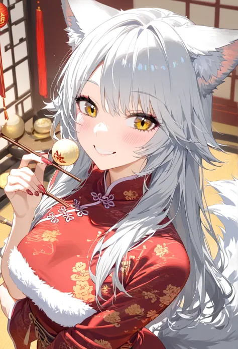 a mature woman with wolf ears in a chinese dress smiling, 1 girl, wolf tail, solo, fluffy tail, fluffy wolf ear, smile, looking at viewer, yellow eyes, white hair, blush, wolf girl, bangs, long hair