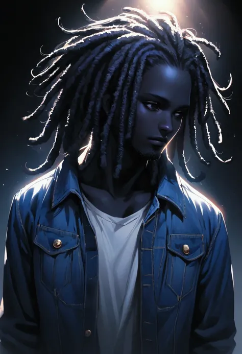  A black skin man with short blue dreadlocks, beard, white shirt, blue jeans jacket, blue jeans pants, upper body