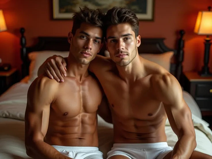 High definition photograph of two young Brazilian men, both of the same height, both very handsome. Both men have the same features, which are identical to the face of the actor José Loreto from the Globo television network, in the soap opera "Pantanal". B...