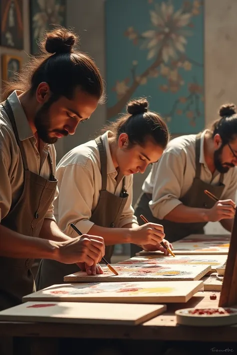 Men at work with brushes painting canvases 