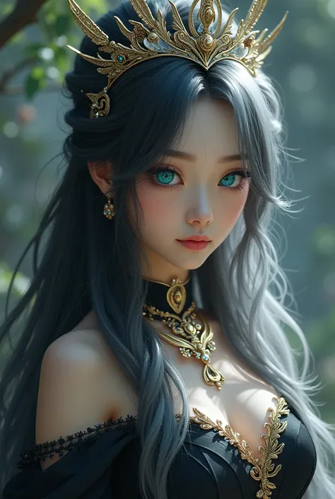 princess with black white hair and asabache eyes wearing a disguised tiara 