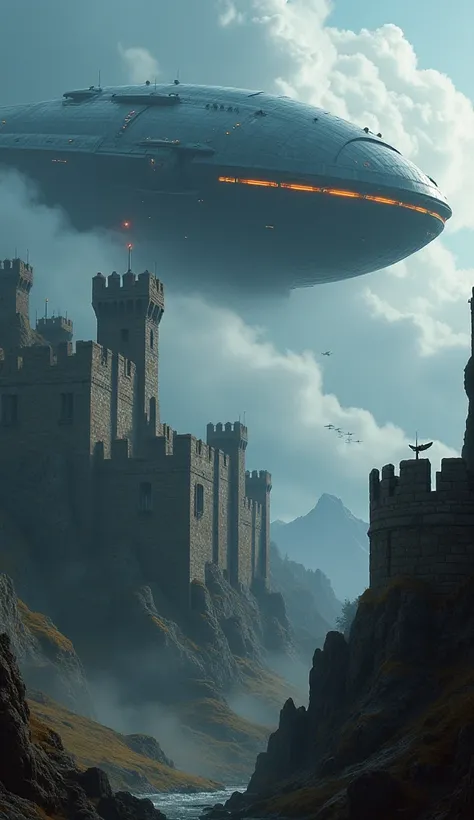 The alien spaceship, massive and sleek, contrasts with the stone architecture of the castle. Powerful energy shields around the spaceship shimmer with an otherworldly glow, creating a stark juxtaposition between futuristic technology and medieval structure...