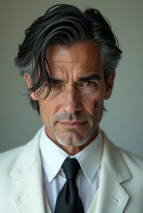  Create a character with the following characteristics : dark hair but with gray highlights short hair combed back but with few loose highlights he wears a white suit he has a scar on his left eye his eyes are brown a little dark he is 49 and is somewhat a...