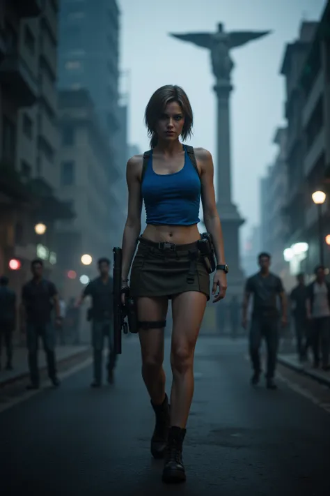 Create a hyper-realistic full-body image inspired by the character Jill Valentine from Resident Evil, portrayed in a reimagined setting. The character stands confidently on a desolate street in Mexico City, with the Ángel de la Independencia monument faint...