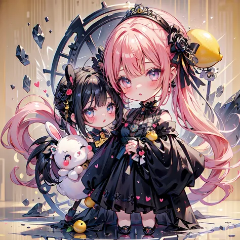 1girl, pretty face、Chibi、cute、My cheeks are flesh-colored 、（ beautiful eyes、 long lashes）、Black clothes、Flared long sleeves、 Shoulder-baring  、One piece flare skirt、Rabbit with stuffed toy、black and lemon yellow palette、Gothic Shoes、Positive、Black Rose、🌙、p...