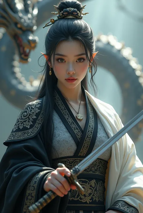 A korean girl that looks like a dragon warrior with a black and pure white clothes with a cape and holding a sword and  engraving on her clothes, the background should be mystical and with dragons. She has a necklace. She was facing the front.8k