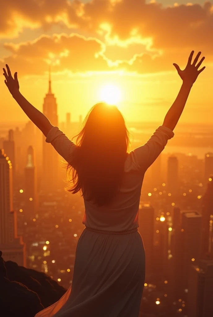 A celebratory image of a woman standing with arms raised triumphantly in front of a rising sun or a sparkling city skyline. Include soft gold or silver elements to evoke a sense of accomplishment.