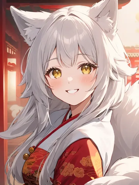 a mature woman with wolf ears in a chinese dress smiling, 1 girl, wolf tail, solo, fluffy tail, fluffy wolf ear, smile, looking at viewer, yellow eyes, white hair, blush, wolf girl, bangs, long hair