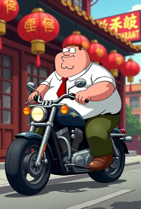 Peter Griffin sitting on a motorbike outside a Chinese restaurant