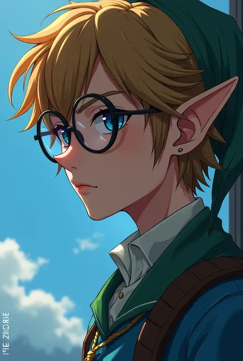 (A profile picture for discord) A japanese anime style hero based on Link from the Legend of Zelda. The image is focused on his safe, hes looking to the left and down. He looks cool yet he wears big round glasses emphasizing hes a student. He has some vill...