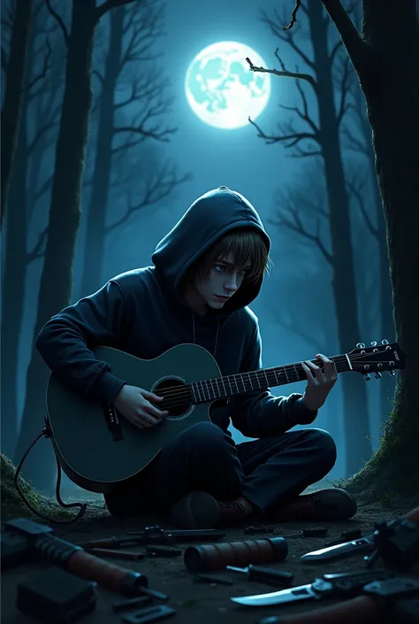  I want you to generate an image of a guitarist in the woods at night with a hoodie on the full moon with blue eyes and light brown hair,And with weapons lying around a sinister scene of emotional terror 