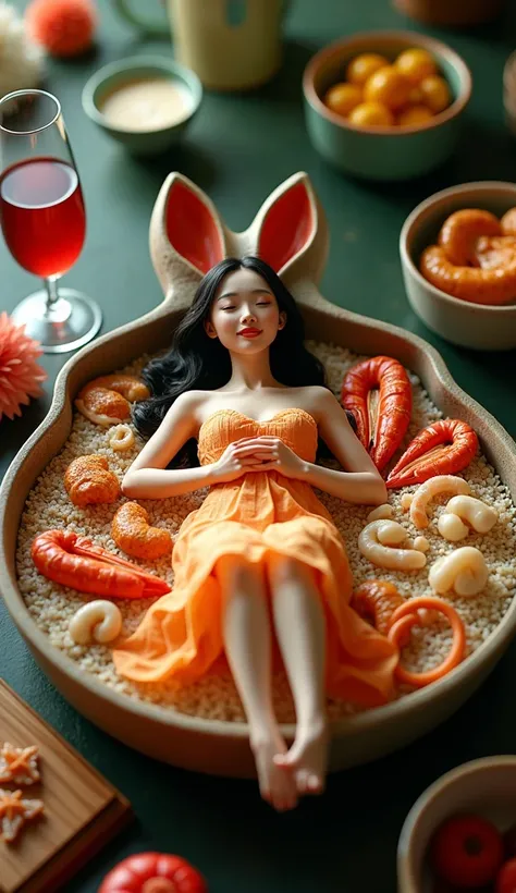  To make the cover  "  Make nasi lemak acai  " Motivated  ，  The coffin tableware is inlaid with jadeite and diamonds  ， }  A realistic Japanese woman lies in a ceramic plate in the shape of a rabbit ，  Woman in a stylish dress made of rice ，  Hot Body  ，T...